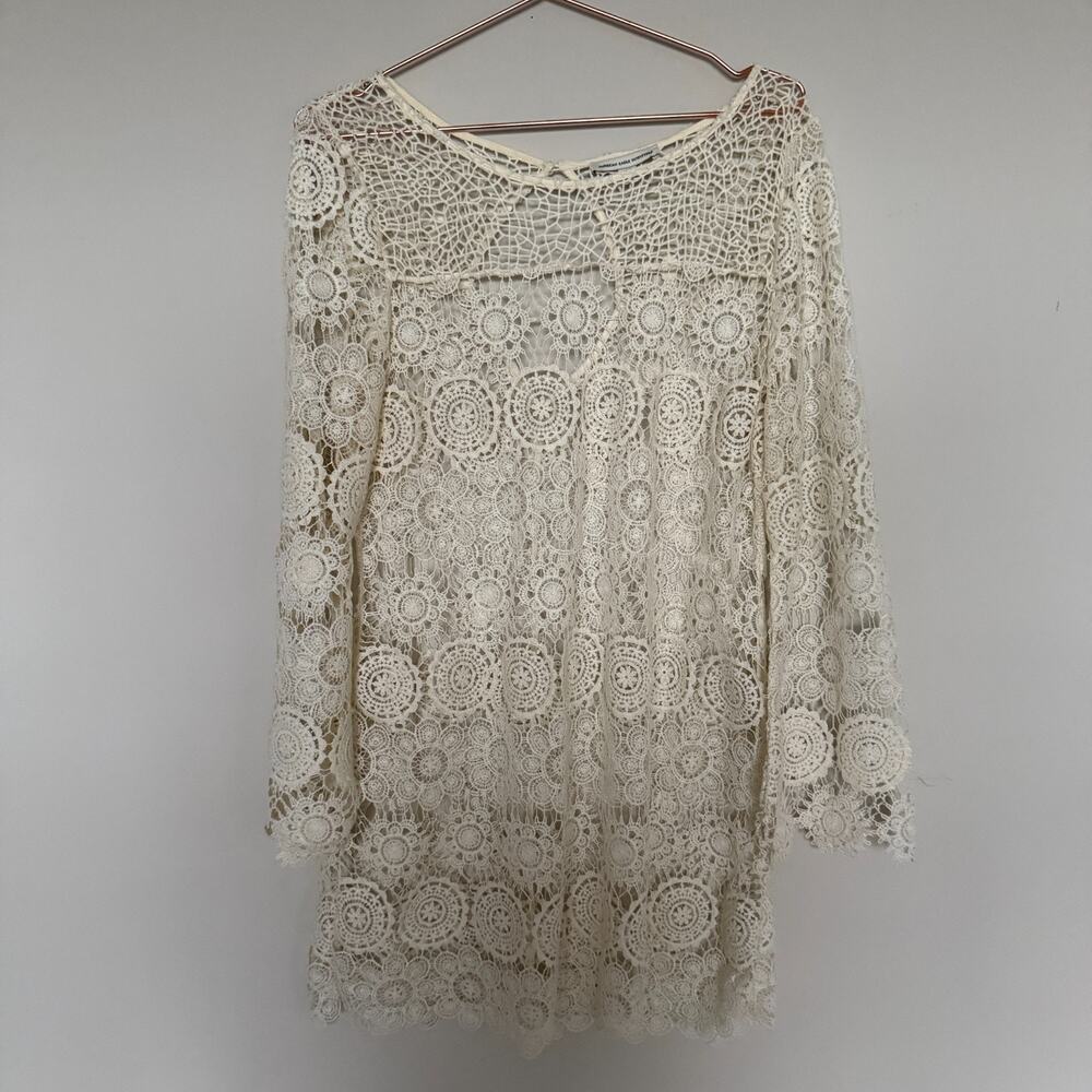 American Eagle Women Dress Large Ivory Bell Sleeve Boho Festival Crochet Cowgirl - Picture 2 of 8
